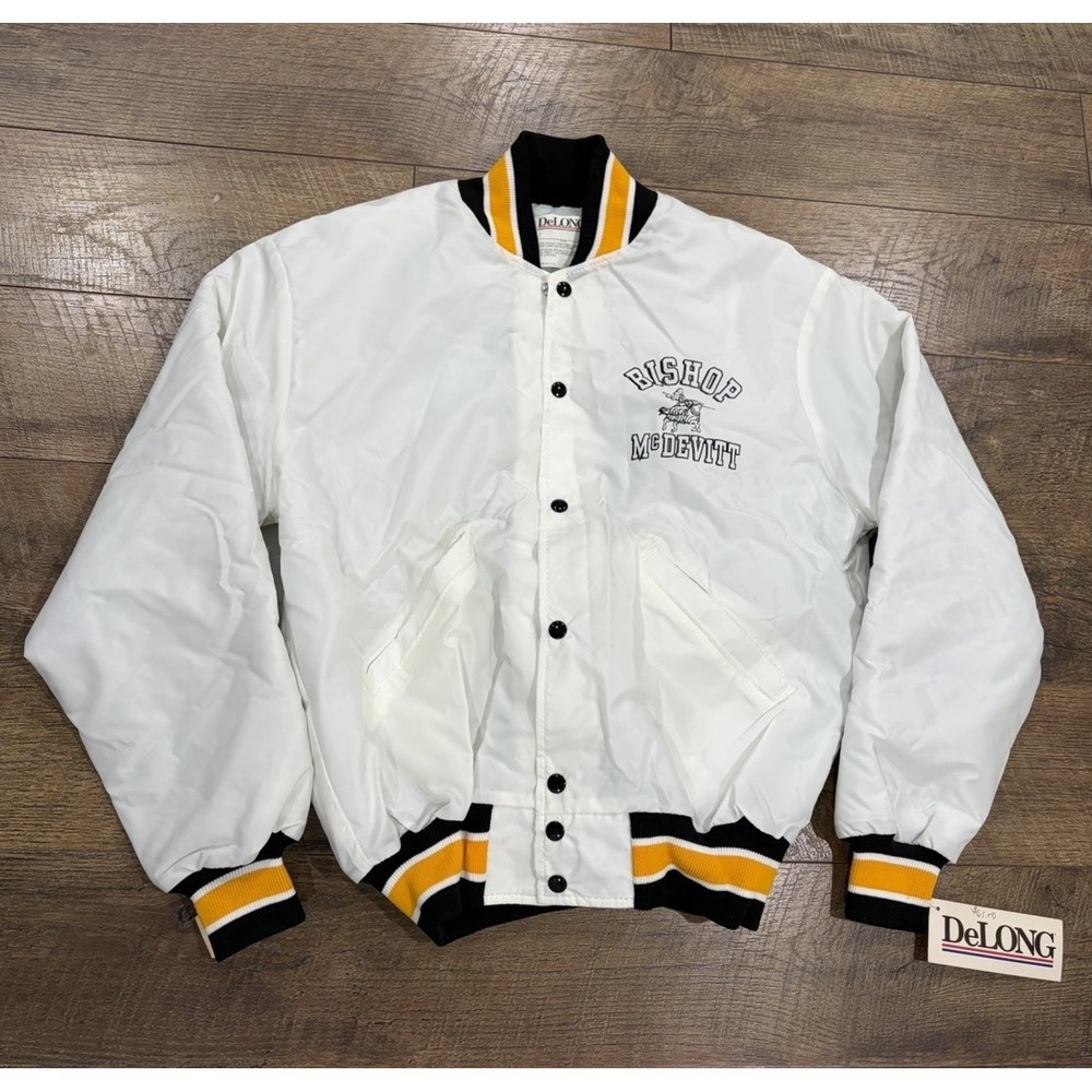NWT Vintage 80s Bishop McDevitt High School Delong Quilted‎ Satin Jacket L White